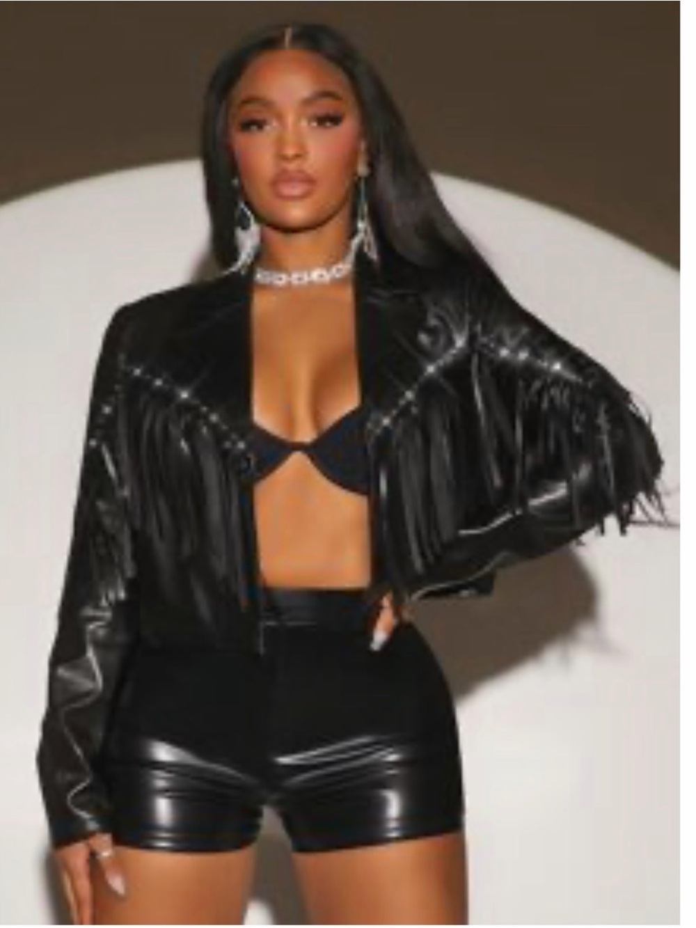 SHEIN Black Fringe Cropped Faux Leather Jacket - Women
